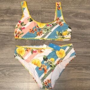 Cupshe Striped Lemon Floral Bikini Set in Yellow, Teal, Peach